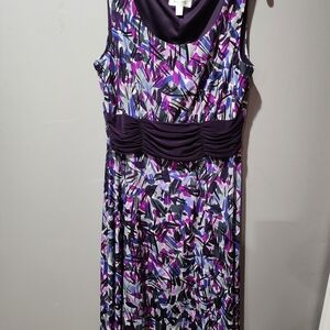dressbarn Purple Abstract Ruched Waist Maxi Dress